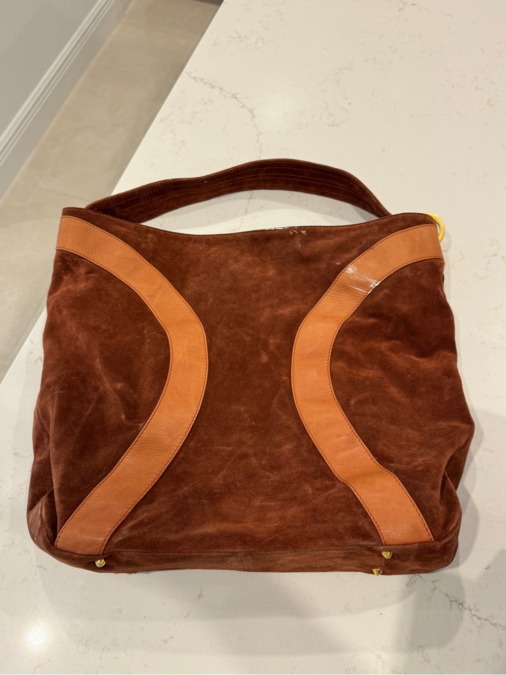 LAI Brown Suede Shoulder Bag with Tan Accents